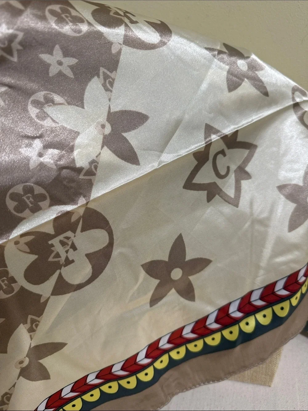 Monogram Satin Scarf with Multicolor Braid Border
